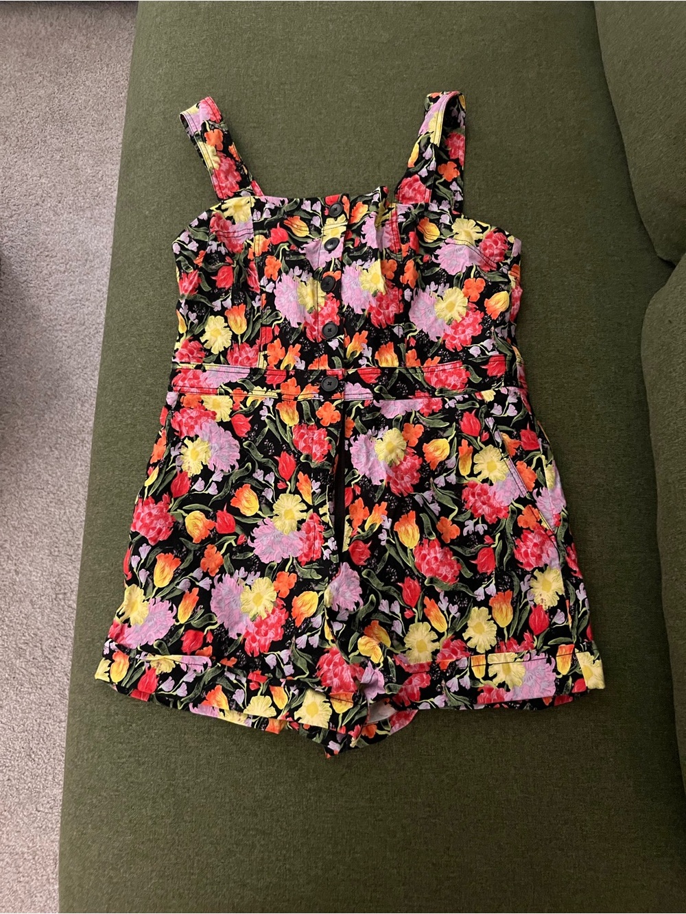 Floral Print Strappy Romper - Black with Pink, Yellow & Orange Flowers